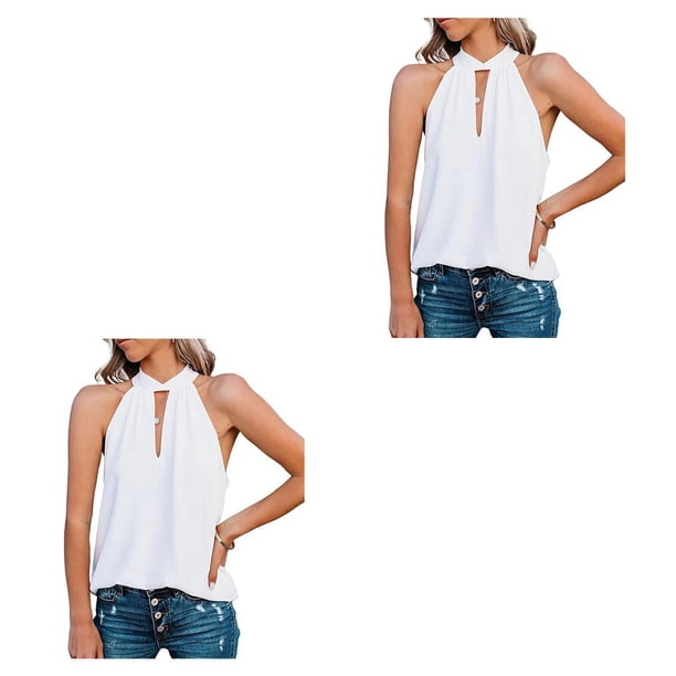 Qarigey Blusa sin mangas para mujer, camisa informal con cuello de corbata para niñas, ropa transpirable de noche de compras, Top elegante de verano, Type3 NO3 Qarigey CBP250950