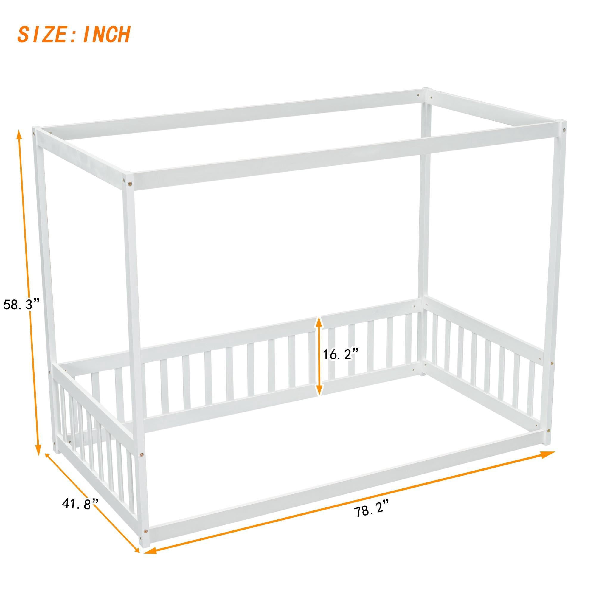 PORKISS Kids Montessori Floor Bed, Twin Size Floor Bed with Fence and Canopy for Girls Boys, White