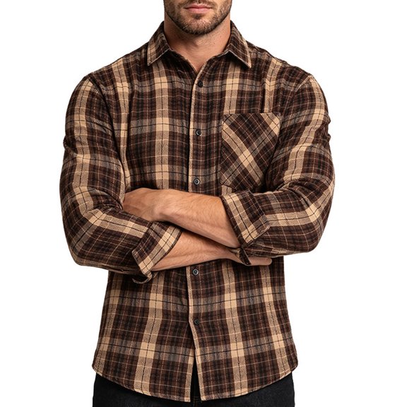 Liweisiy Men's Plaid Lapel Shirts Long Sleeve Button Down Long Sleeve Loose Fit Tops Casual Daily Loungewear Coffee L