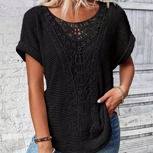 T-shirt à Col Rond en Dentelle pour Femmes - Haut à Manches Courtes Décontracté pour le Printemps et l'Été