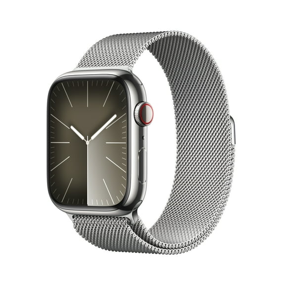 Apple Watch Series 9 With Blood Oxygen. GPS   Cellular 45mm Silver Stainless Steel Case with Silver Milanese Loop.