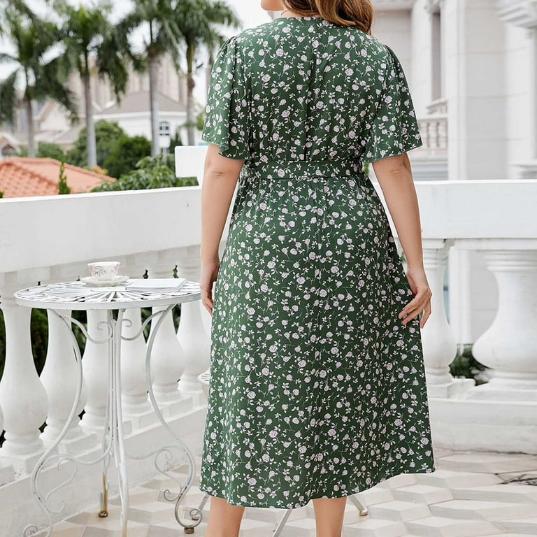Dresses - Green Floral Short Sleeves Midi Dress