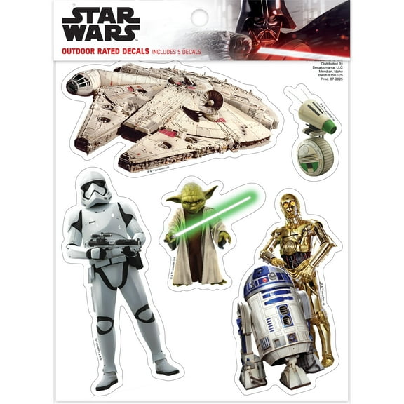 Disney Star Wars Decals - Set of 5 Outdoor Rated Vinyl Stickers Waterproof Vinyl for Car, Laptop, or Water Bottle - R2-D2 & C-3PO, Yoda, Millennium Falcon, First Order Stormtrooper, D-O