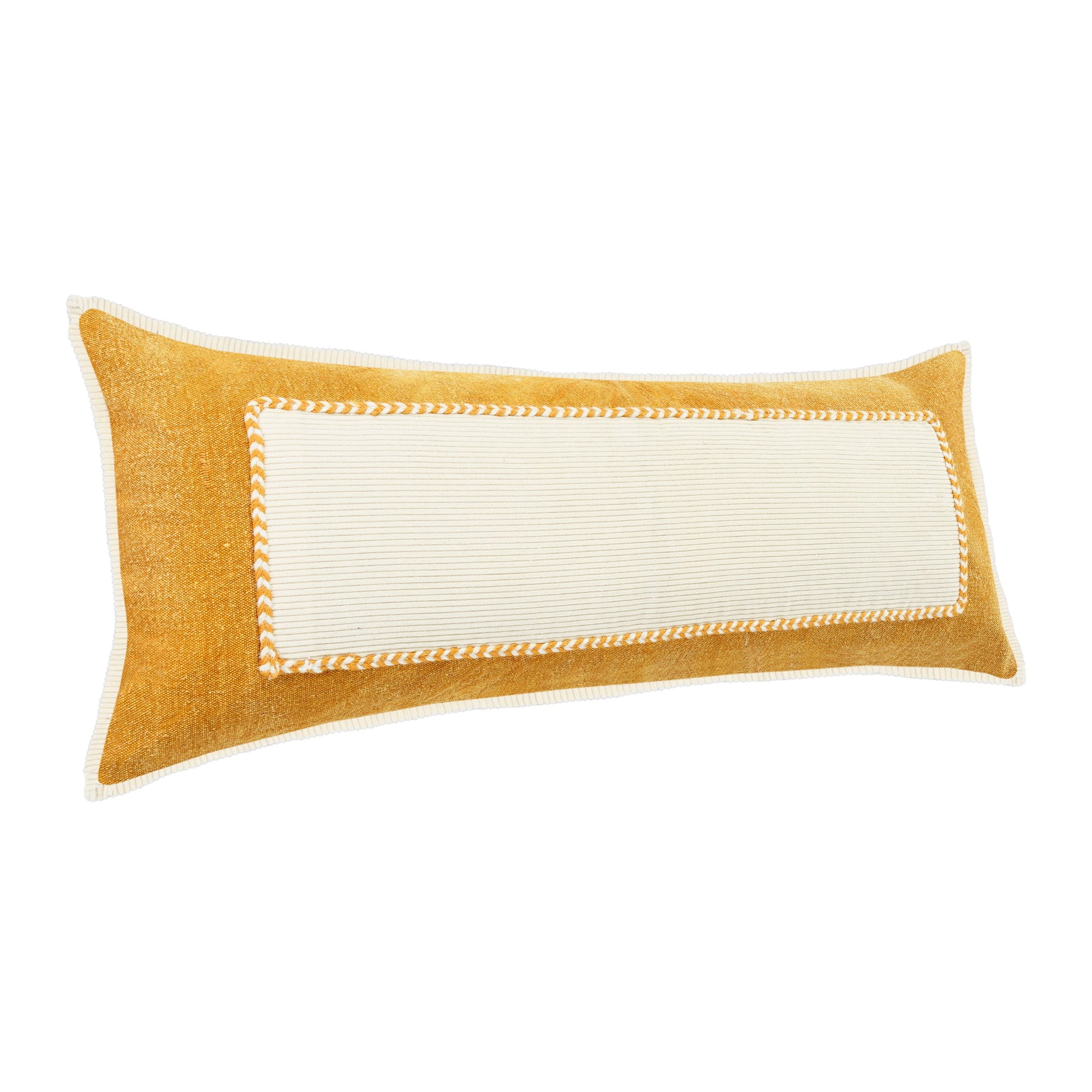 Laddha Home Designs Hand Stitched Geometric Cotton Lumbar Pillow Cover - 36" - Yellow and White