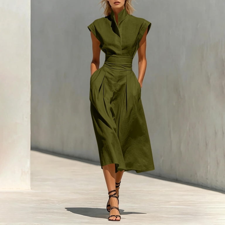 military green dress for ladies Kvture Elegant V Neck Midi Dress for Women Sleeveless A Line Business Work  Long Dresses Lightweight Summer Dress Bronze Dress XL