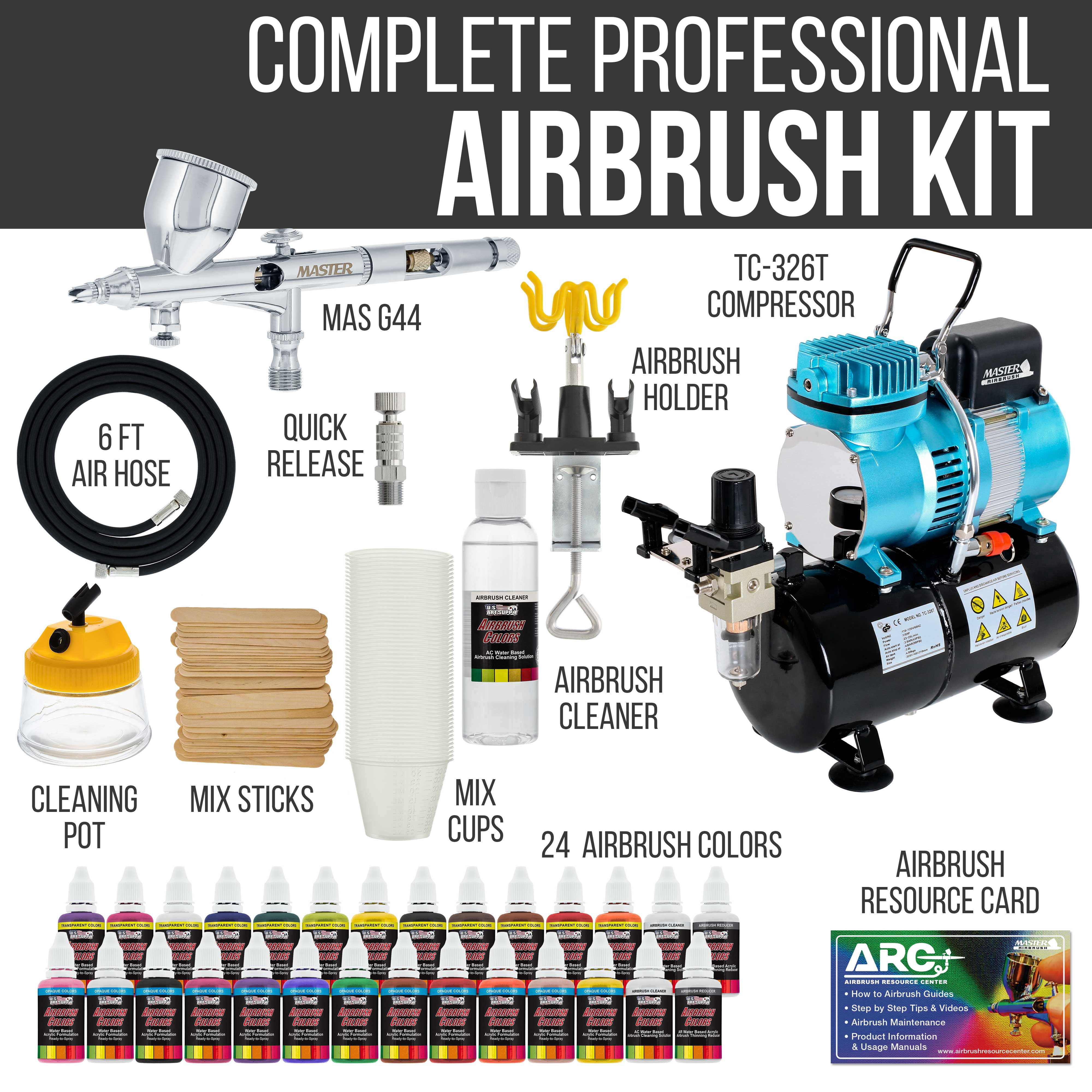Master Airbrush Cool Runner II Dual Fan Air Storage Tank Compressor System Kit with a G44 Fine Detail Control 0.2mm Tip Airbrush, 24 Color Acrylic Paint Set, Holders, Cleaning Pot, How-To Guide