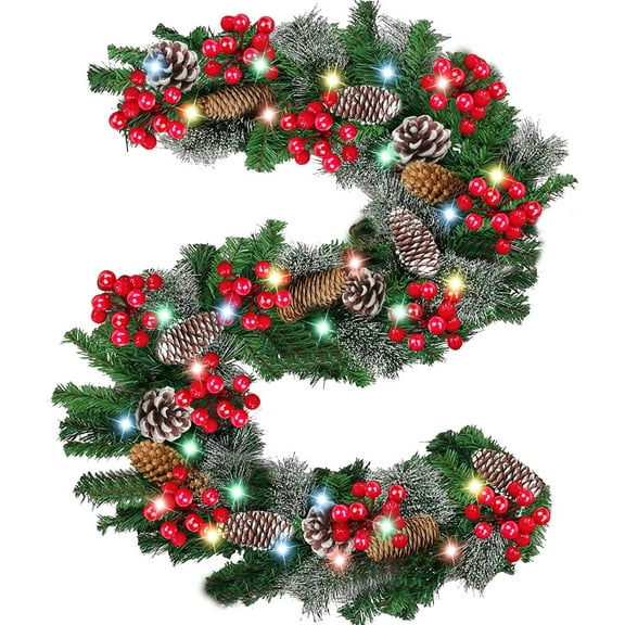 Christmas Garland with Lights 9FT Prelit Xmas Garland Decorations with Red Berries Snow Pine Cones for Mantle Stairs Fireplace Xmas Decoration Xmas Decoration Winter Outdoor Indoor Decor