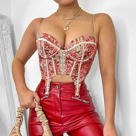 

Puloru Women Spaghetti Strap Floral Print Backless Push Up Bustier