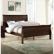 Brown Cherry Finish Queen Size Panel Sleigh Bed Solid Wood Wooden Bedroom Furniture