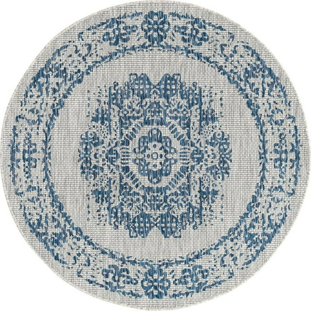 Unique Loom Outdoor Traditional Medallion Rug 5' 3 x 5' 3 Round Blue/Ivory
