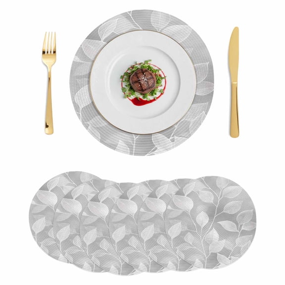 Silver Gray Leaves Round 13 Inch Placemats Set of 6, Vintage Abstract Branch Botanical HeatResistant Non Slip Place Mats for Dining Table, Wipeable Braided Kitchen Table Mats for Housewarming
