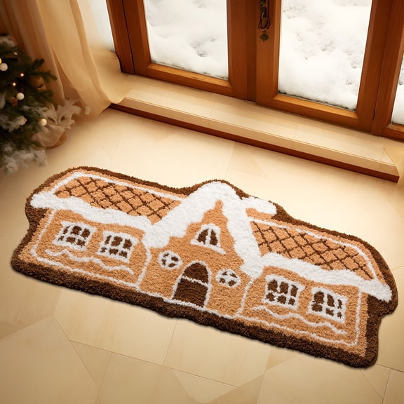 Phantoscope Christmas Gingerbread House Rug, Soft Microfiber Plush Area Rug, Non-Slip Holiday Decorative Door Mat, Beige, 20 x 47 in