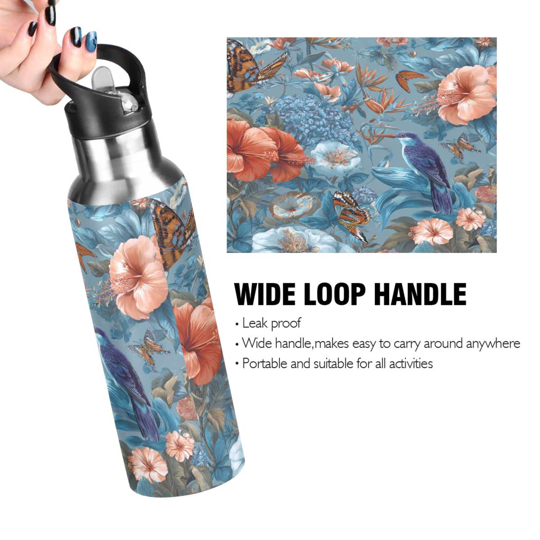 600ml Vacuum Insulated Sports Water Bottle with Foldable Straw Stainless Steel Portable Thermos Cup Birds and Flowers