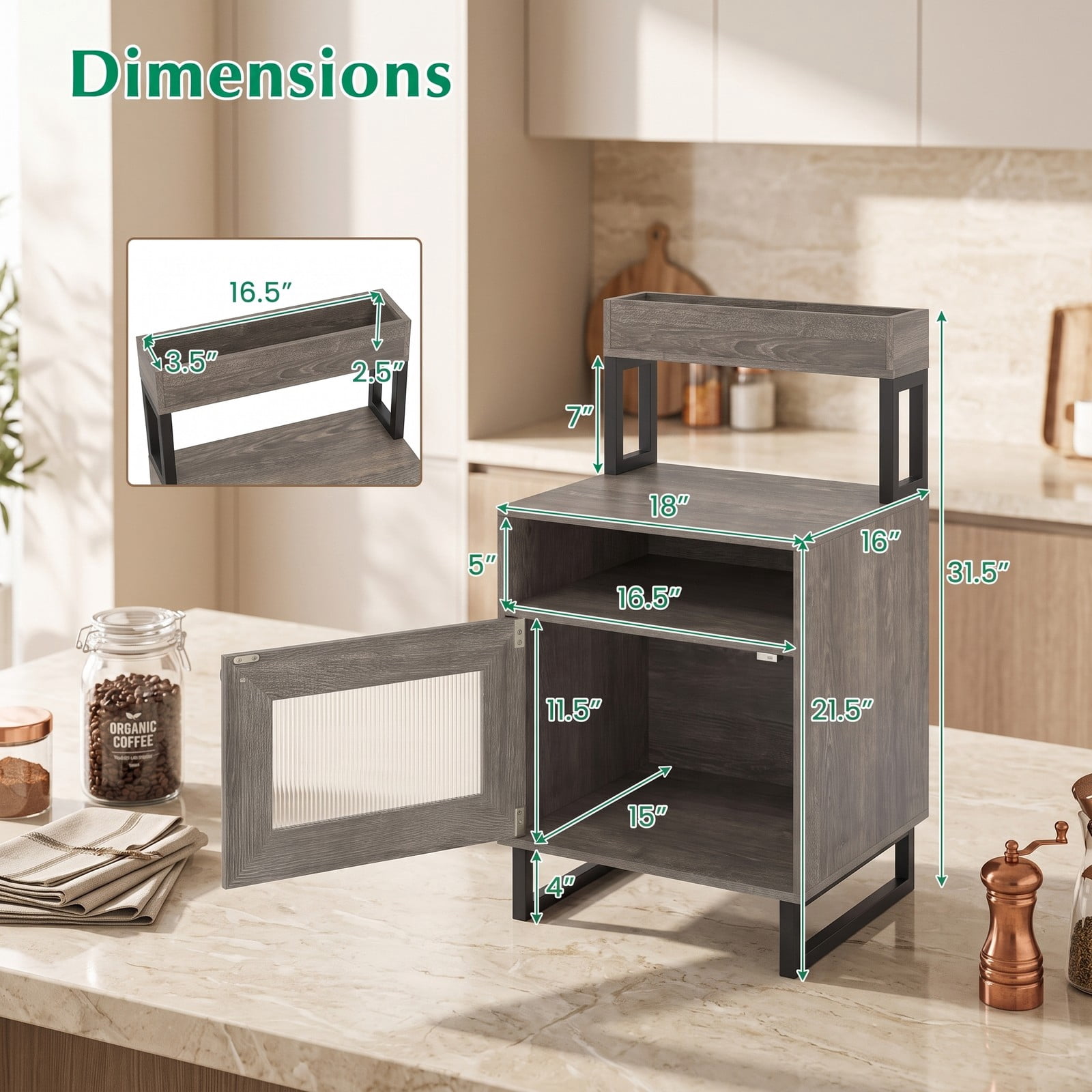Furnibear Nightstand with LED Lights and Fluted Glass Cabinet Door plus Open Compartment and Raised Display Shelf for Bedroom and Living Room, Gray