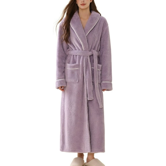 SWSMCLT Women's Ankle Fleece Bathrobe Belt Cold Weather Fall Long Nightwear Billowy Bath Robe Chunky Drop Shoulder Purple Small