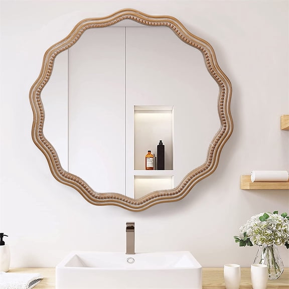 23.62 inches Wood Round Wavy Wall Mirror Round Wall Mirror Scalloped Mirror, Large Decorative Wood Framed Hanging Circle Mirror Modern Farmhouse Decor for Bathroom, Living Room