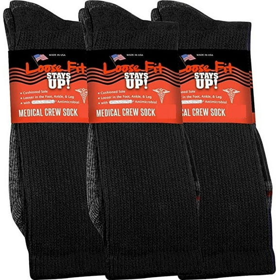 Loose Fit Stays Up Men's and Women's Medical Socks (Pack of 3) Made in USA. Cushioned Sole
