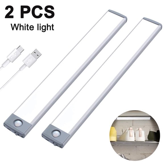 2 Pack Ultra-Thin Magnetic LED Cabinet Lights with Motion Sensor, Wireless Rechargeable Battery Operated Under Cabinet Lighting for Kitchen, Drawer, Stairs, and Hallway