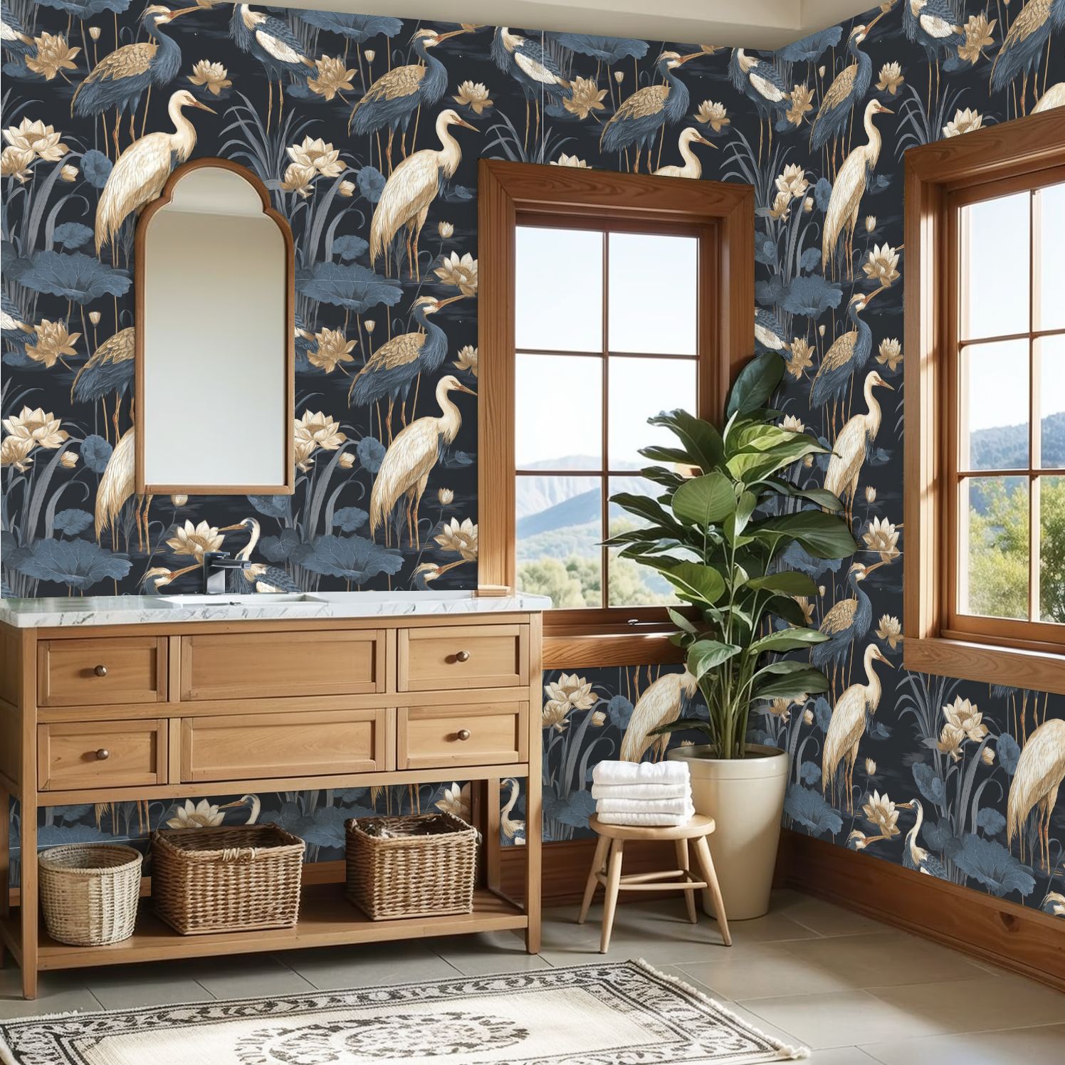Peel and Stick Wallpaper 23.6in x 9.8ft Elegant Crane Birds Lotus Flowers Soft Gold Blue Floral Contact Paper Vinyl Self-Adhesive Removable Wall Paper for Bedroom Kitchen Cabinet Renter Friendly