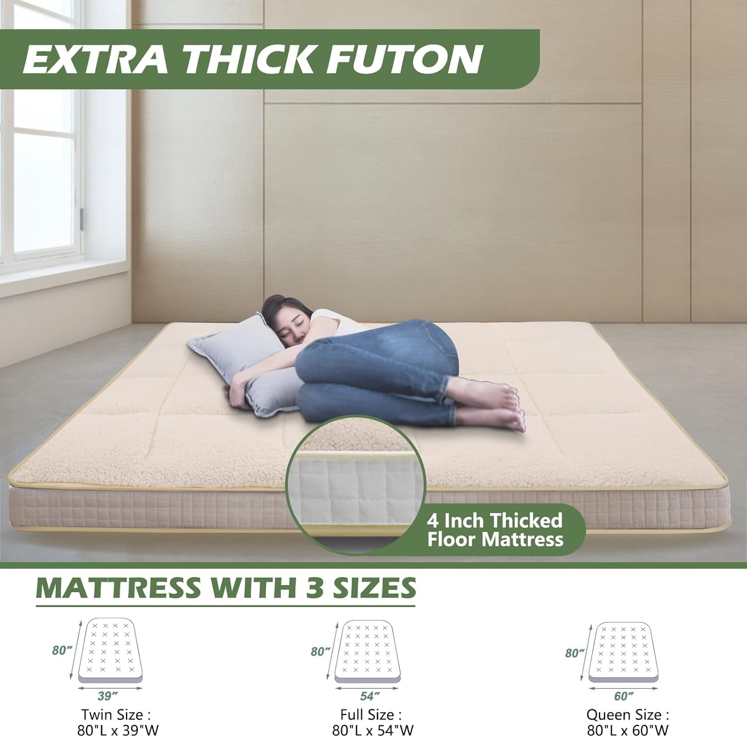 ABORON Extra Plush Futon Mattress Full Size 4" Thick Japanese Floor Mattress Folding Guest Mattress Protable Roll up Mattress Soft Memory Foam Tatami Mat Sleeping Pad for Bedroom Camping Tent