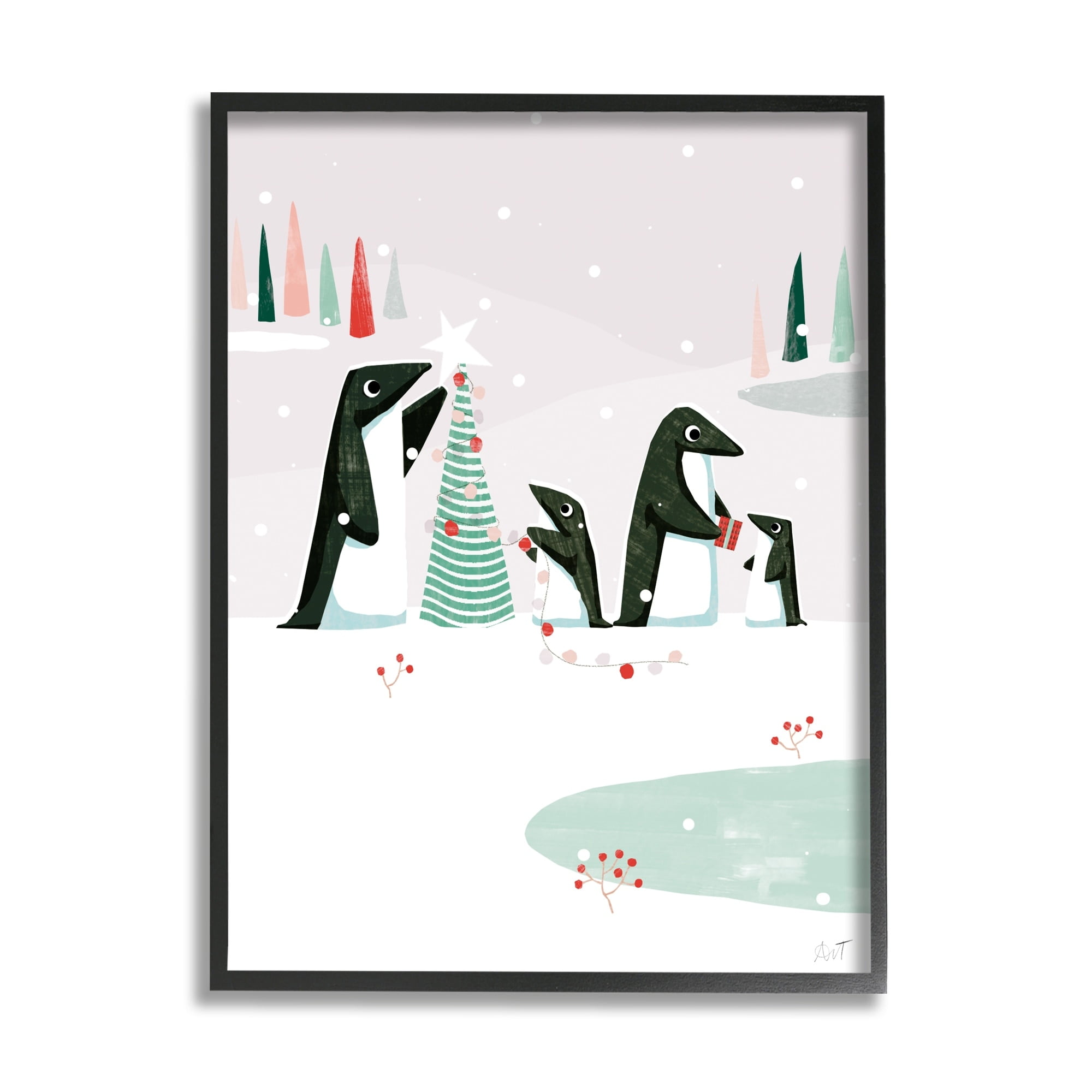 Stupell Industries Penguins Decorating Christmas Tree Holiday Painting White Framed Art Print Wall Art