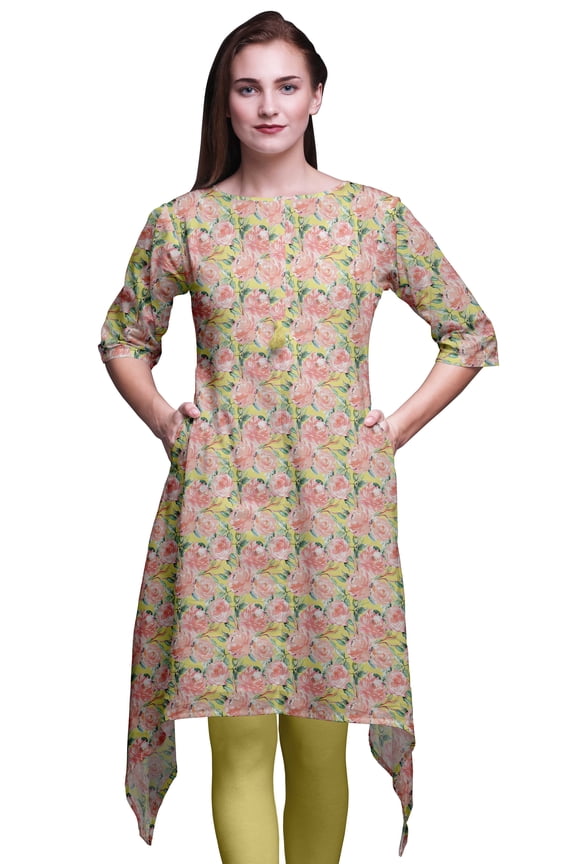 Yellow Ranunculus Tango Floral Asymmetric Kurta Indian Tunic Tops For Women Printed Indian Clothing Large
