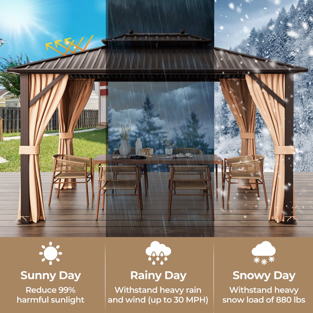 Aimee Lii 10x13ft Double-Roof Patio Hardtop Gazebo with Galvanized Steel Roof Netting and Curtains, Canopy Gazebo for Party BBQ Events, Coffee