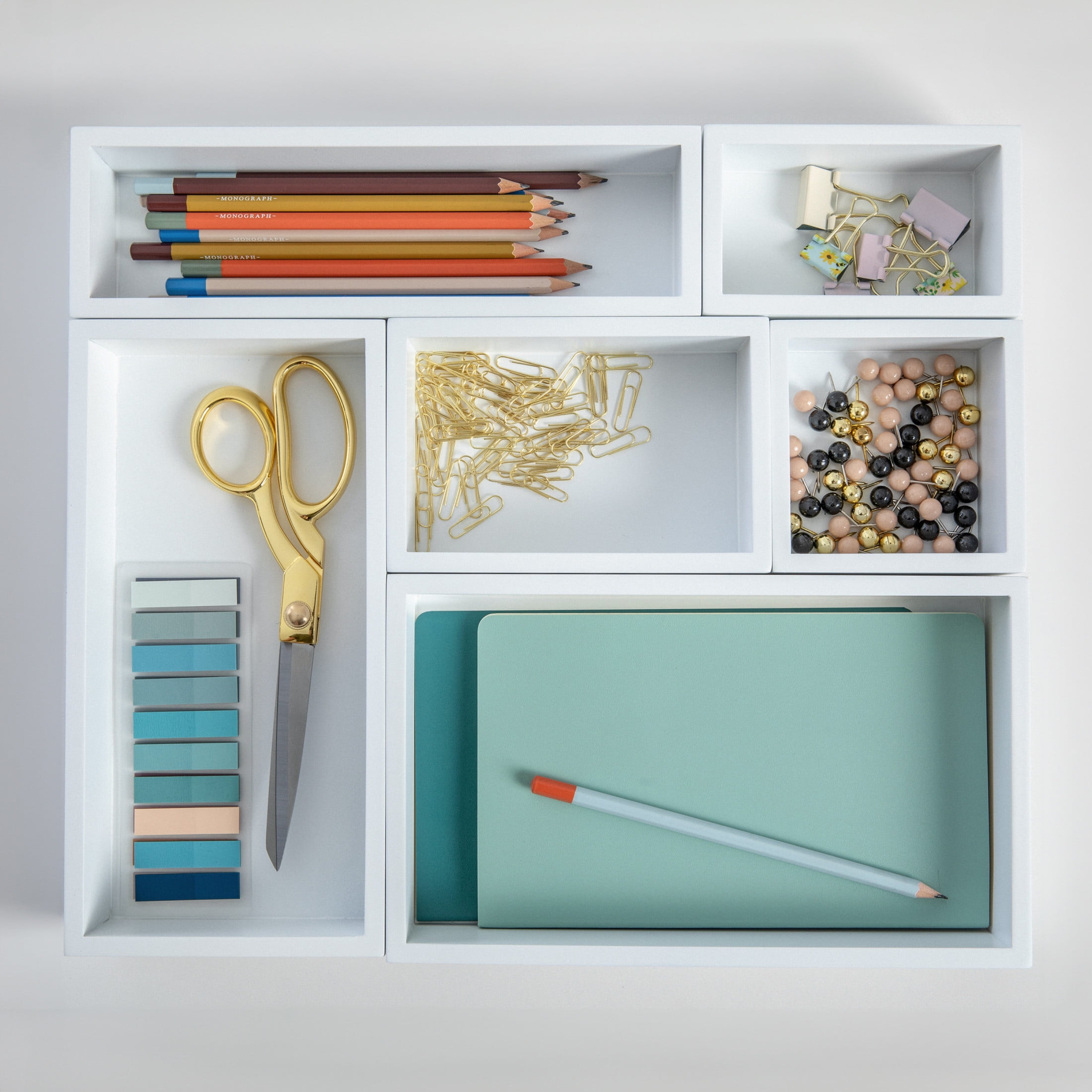 Martha Stewart Enzo 6 Piece Wooden Desk Drawer Organizer Set in White