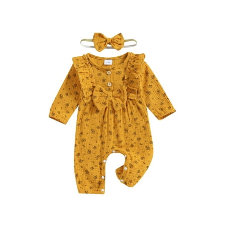 

jaweiwi Baby Toddler Girls 2 Piece Outfits 0 3M 6M 9M 12M 18M Ruffle Long Sleeves Floral Romper and Headband for Toddler Infant Fall Cute Clothes Set