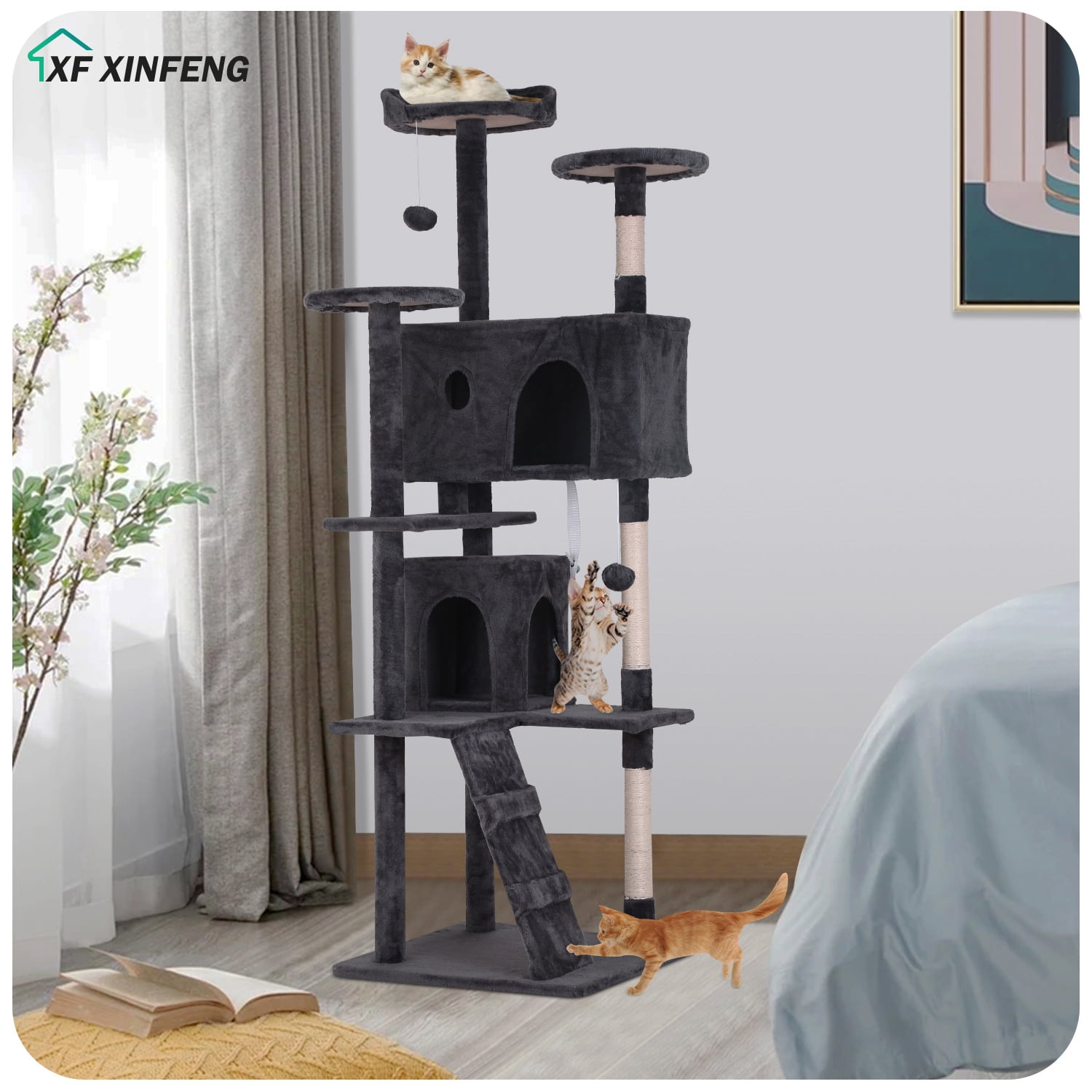 XF XINFENG 70" Cat Tree Tower Playhouse for Indoor Cats with Scratching Posts, Multi-Level Pet Cozy Condo Furniture, Ashy