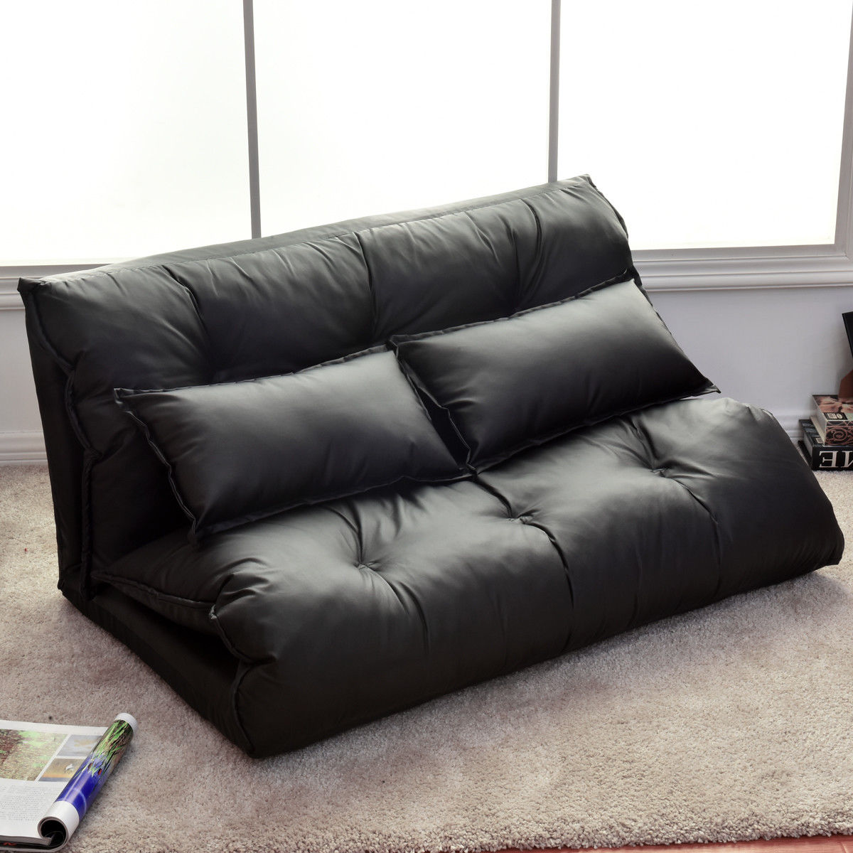 Costway PU Leather Foldable Modern Leisure Floor Sofa Bed Video Gaming 2 Pillows Black - image 2 of 7