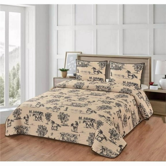 De Leon Collections 63872 Ranchland Horses Tan Rustic Western Farmhouse Decorative Plush Microfiber Quilt Bedding Set / Size: Queen Quilt
