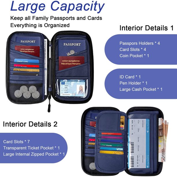 Aucuu Portefeuille Passeport Familial Anti-RFID - Organisateur De Voyage Avec 4 Emplacements Passeports, Poches Cartes, Dragonne Aucuu Portefeuille Passeport Familial Anti-RFID - Organisateur De Voyage Avec 4 Emplacements Passeports, Poches Cartes, Dragonne