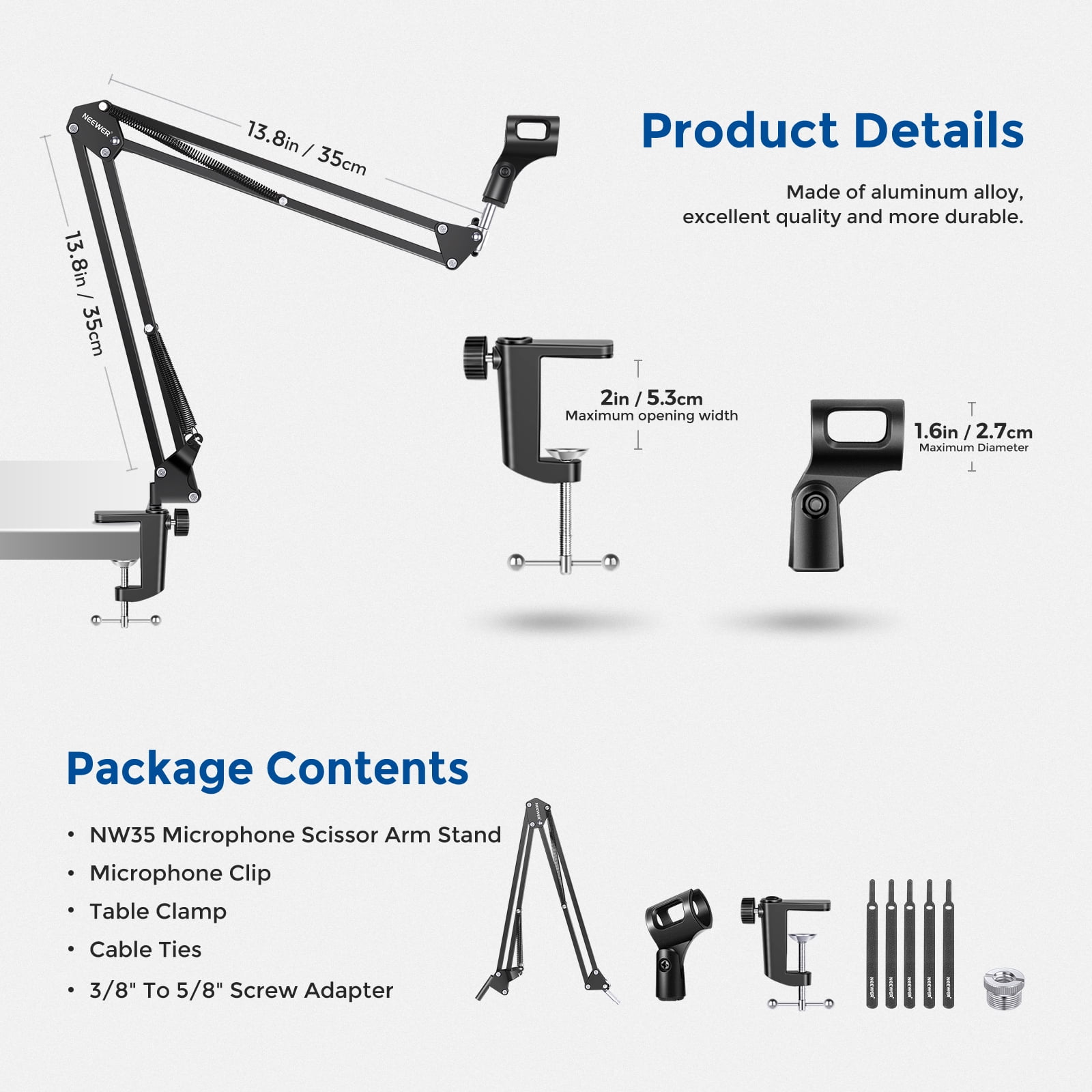 Neewer Microphone Arm, Mic Arm Microphone Stand Boom Suspension Scissor Stand with 3/8" to 5/8" Screw Adapter and Cable Ties Compatible with Blue Yeti, Snowball, Yeti X and Other Mics, Max Load 1.5KG
