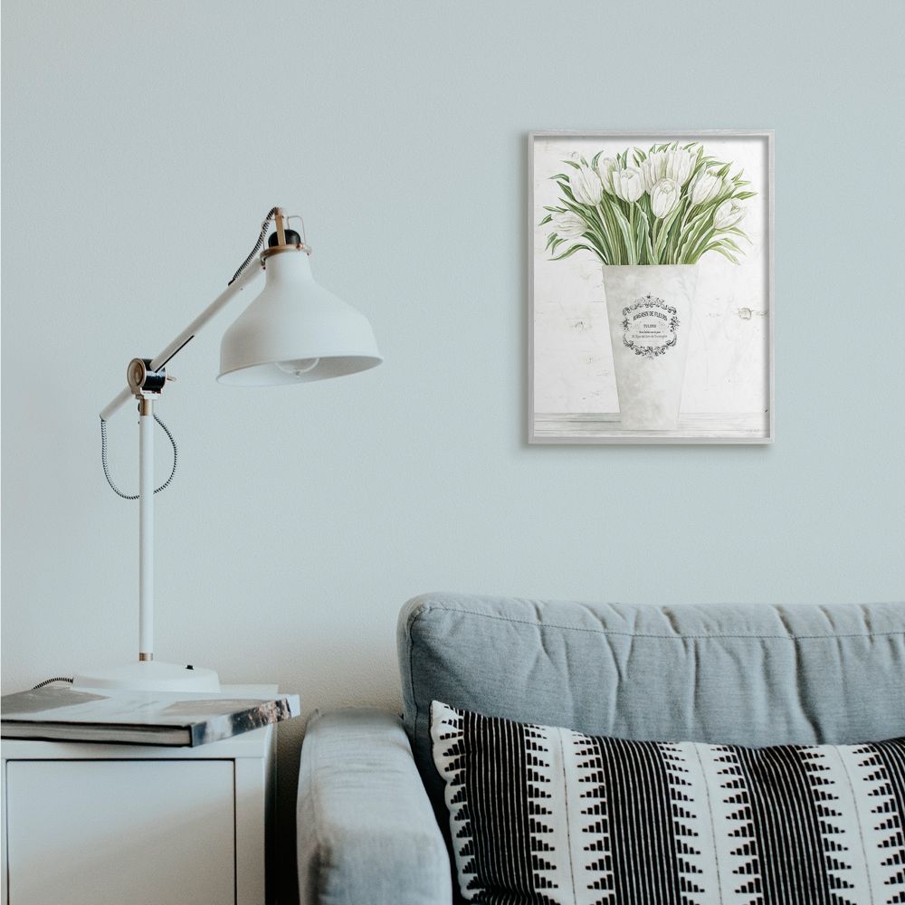Stupell Industries White Tulip Bouquet in Parisian Vase Floral Arrangement Framed Wall Art Design by Cindy Jacobs, 16" x 20", Gray Framed