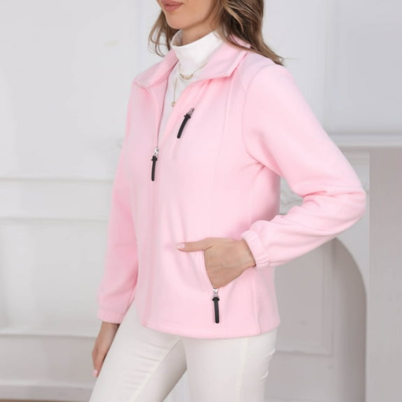 Antinious Fleece Jacket Women Solid Full Zip Long Sleeve No Hood Coat With Multiple Pockets Warm Casual Outerwear,Warm Trench Coat,Jackets for Women Trendy,Pink,XL