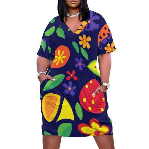 Tropical Fruits with Exotic Flavors Women's Loose Short Sleeve Dress Casual Summer Plus Size Long Dresses with Pockets