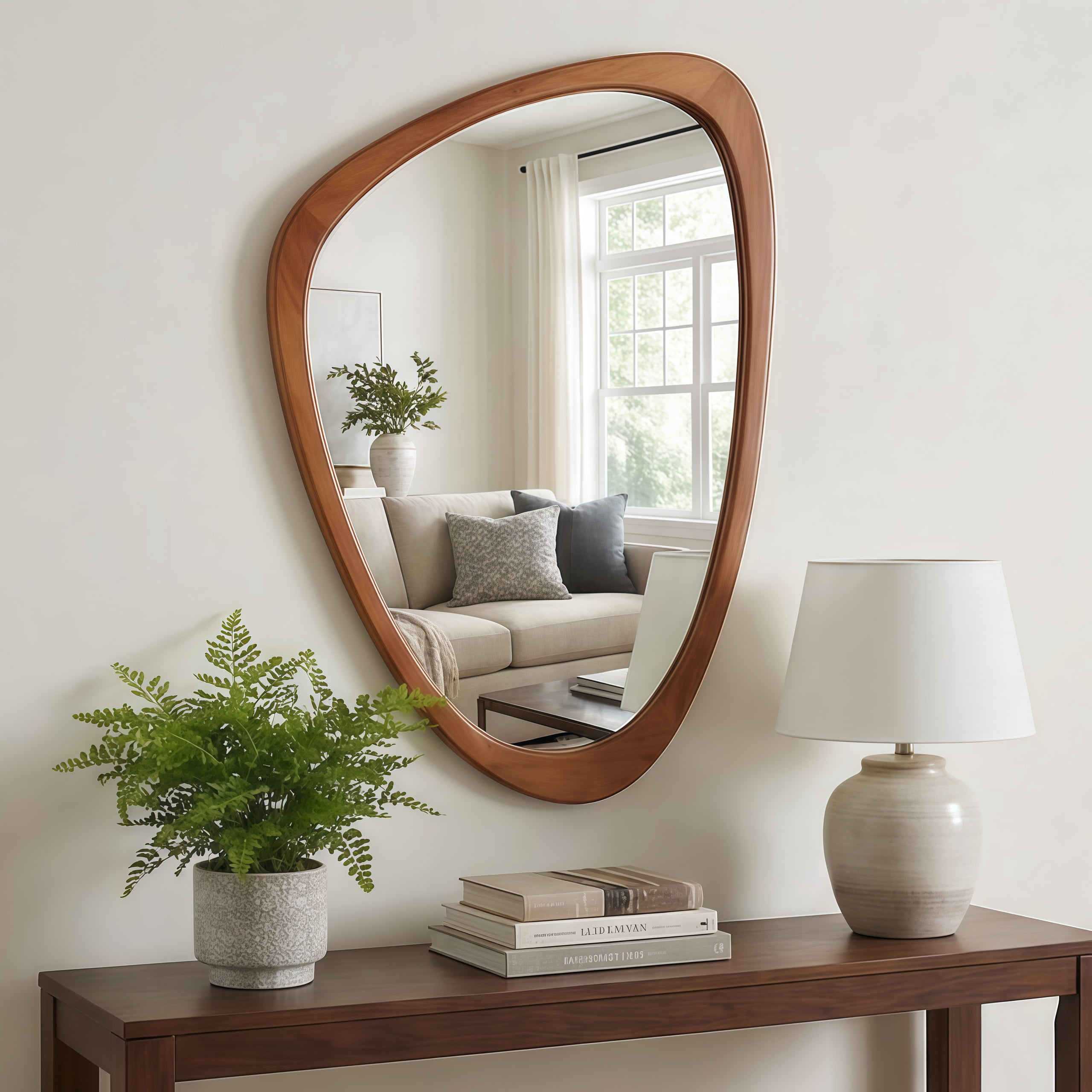 20x30-Inch Irregular Solid Wood Frame Mirror, Decorative Wall Mirror and Vanity Mirror for Bedroom Bathroom Living Room Entryway, Yellowish Brown