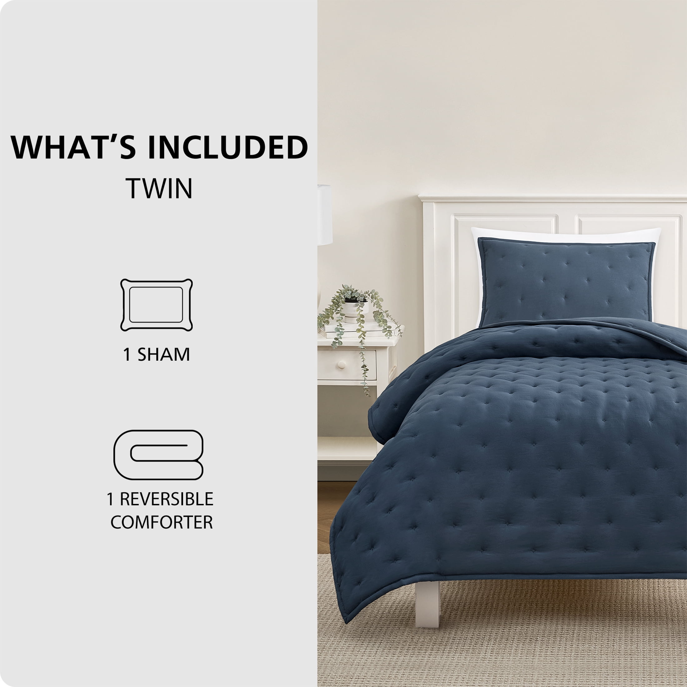 Mainstays Twin/Twin XL Comforter Set, Soft Lightweight & All Season, 2-Piece, Navy Blue
