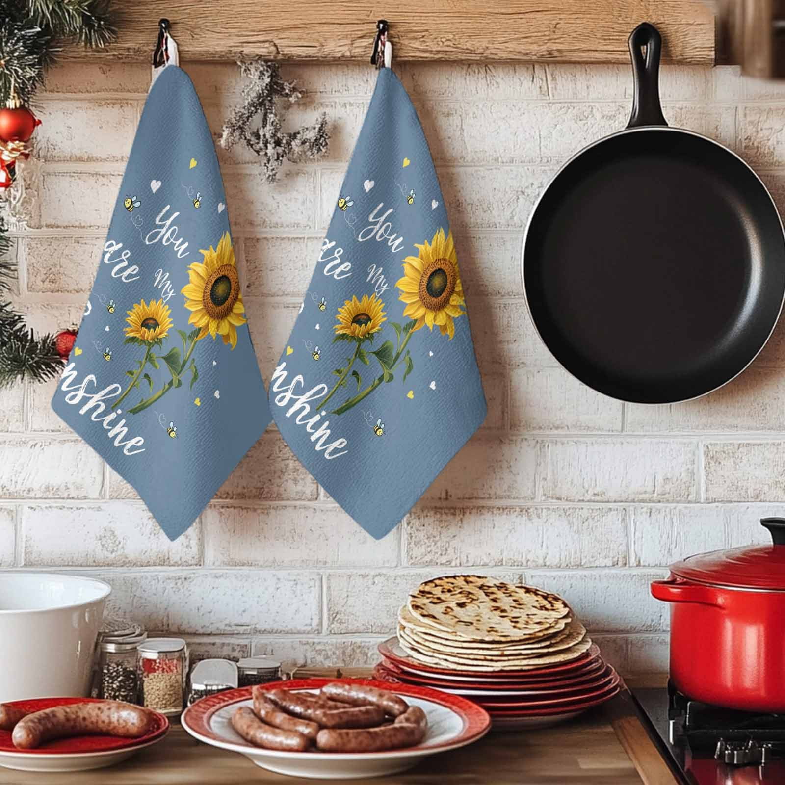 Dish Towels, You Are My Sunshine Absorbent Kitchen Towels 2 PCS, Bee Heart Floral Haze Blue Microfiber Hand Towels Dish Cloths Tea Towels for Home&nbsp;Bathroom Cleaning Drying,18X28-Inch,