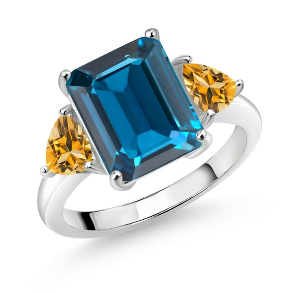 Gem Stone King 925 Sterling Silver London Blue Topaz and Yellow Citrine 3 Stone Ring for Women (8.32 Cttw, Emerald Cut 12X10MM, Trillion 5X5MM, Gemstone November Birthstone, Size 8)