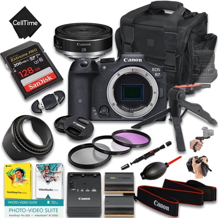 Canon EOS R7 Mirrorless Camera with RF 28mm f/2.8 STM Lens + 128GB Memory + Extra Battery + Camera Case + Grip Tripod + More (21pc Bundle) (International Version)