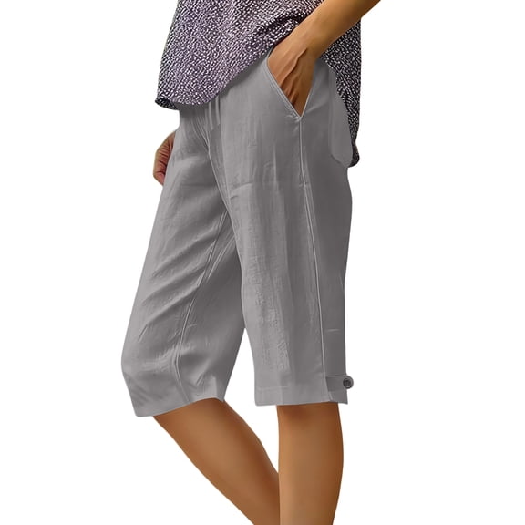 HKYNLAG Bermuda Shorts For Women Linen Shorts Knee Length Elastic Waist Long Shorts Casual Summer Shorts Petite Capri Pants Dressy Beach Comfy Pull On Shorts With Pockets Light Gray L