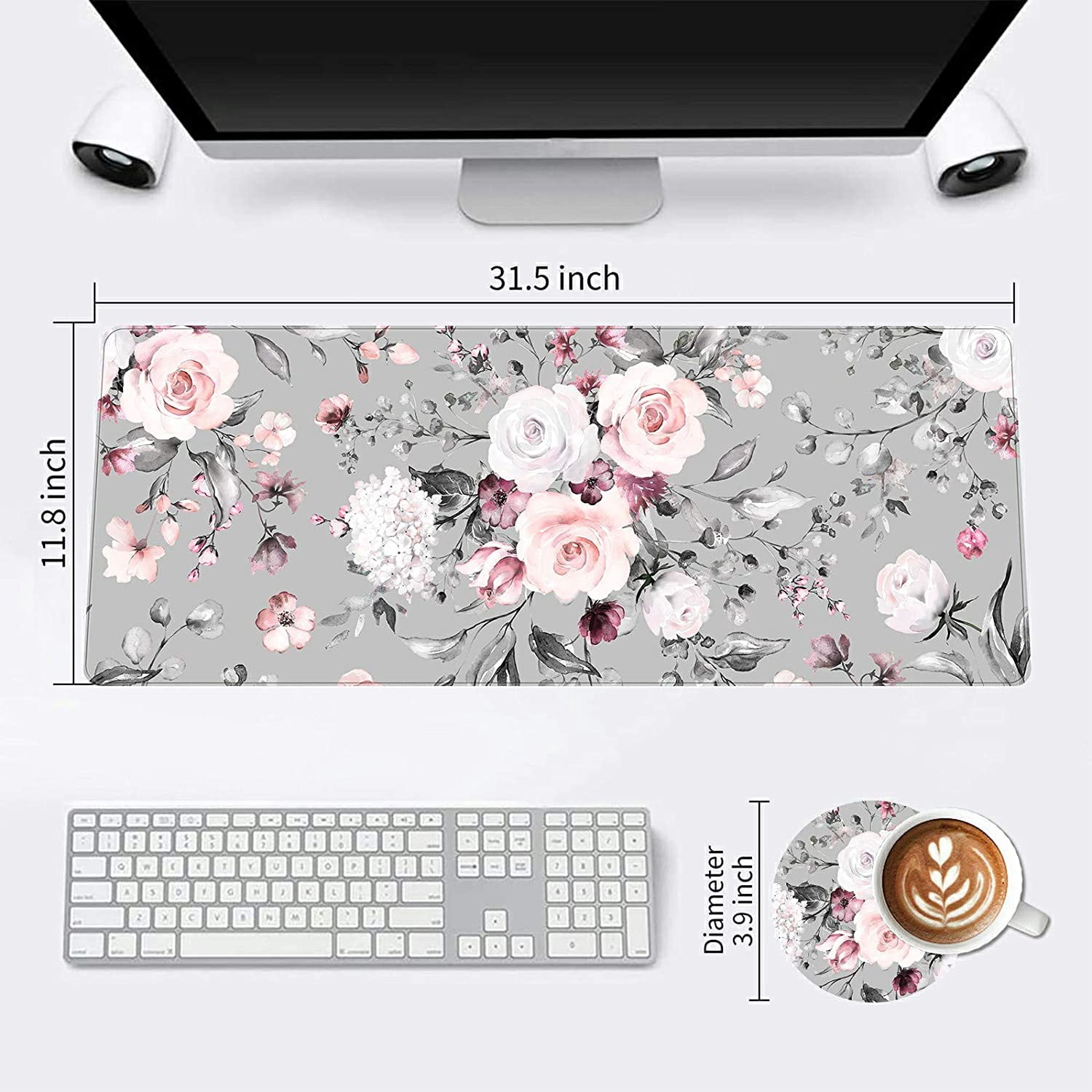 Functional Desk Pad, Extended Large Gaming Mouse Pad with Stitched Edges, XXL Mouse Pad Large (31.5x11.8 Inch) w/ Brilliant Design, Desk Mat Keyboard Pad Non Slip Base - Floral Pink