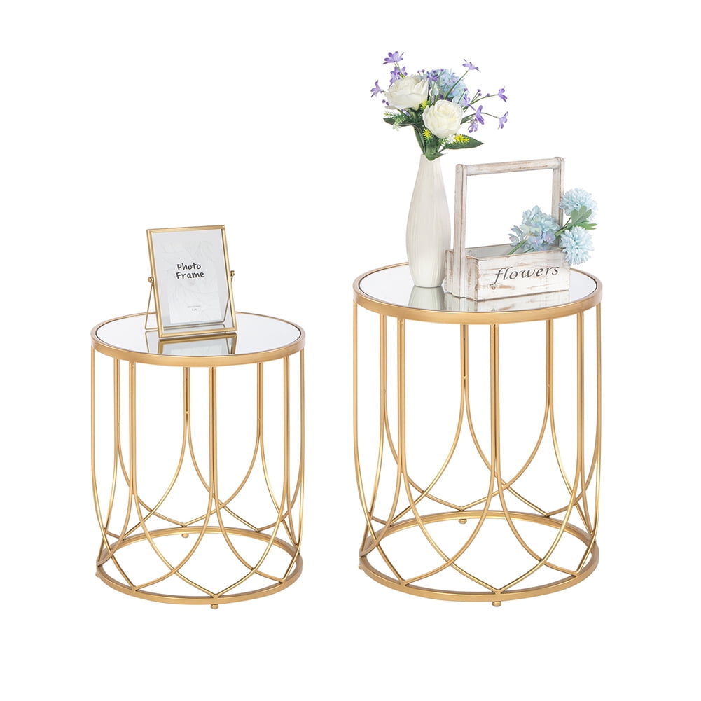 Private Jungle 2 PCS FCH End Table Side Table Glass Top Metal Frame Geo Eyelet Pattern Accent Table Golden Private Jungle 2 PCS FCH End Table Side Table Glass Top Metal Frame Geo Eyelet Pattern Accent Table Golden