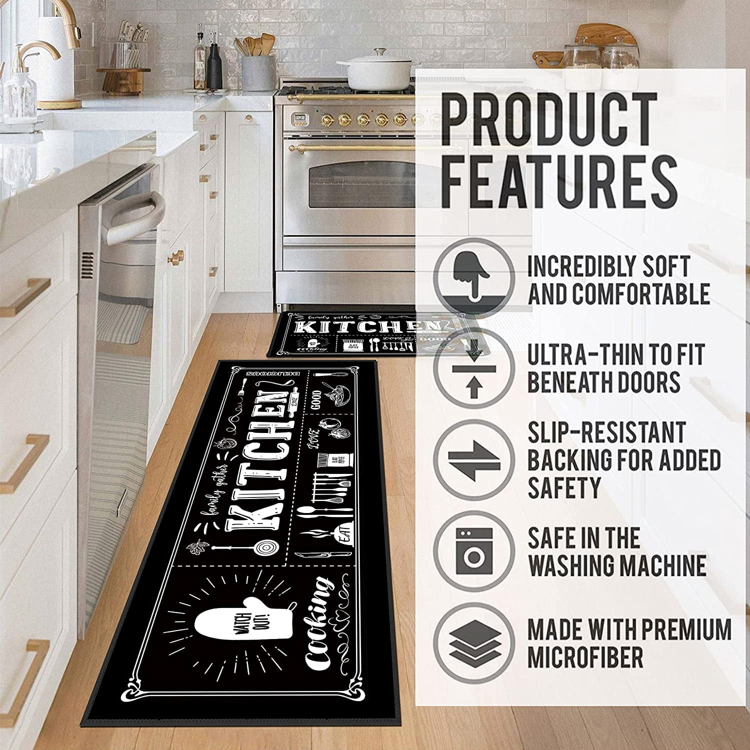 Voanos Black and White Kitchen Rugs,Non Skid Washable Microfiber mats for Kitchen Floor, Kitchen Rules Theme Cushioned Runner Rug Decor Sets of 2,Size 17x 47 17x 30
