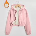 thumbnail image 2 of Women'S Fashion Cropped Shacket Drawstring Hooded Zip Up Corduroy Jackets Casual Plaid Long Sleeve Short Jackets Coat, 2 of 7
