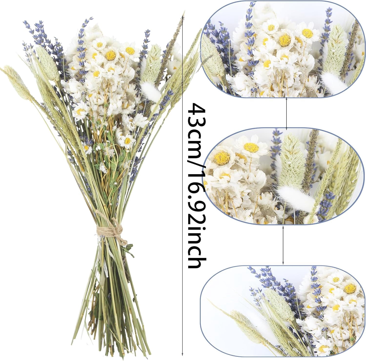 Dried Flowers Bouquet Dried Daisy Flowers Natural Lavender Dried Flowers Bunny Tails Gerber Daisies Flowers Wheat Stalks Floral Arrangements for Wedding Table Centerpiece Decor Farmhouse