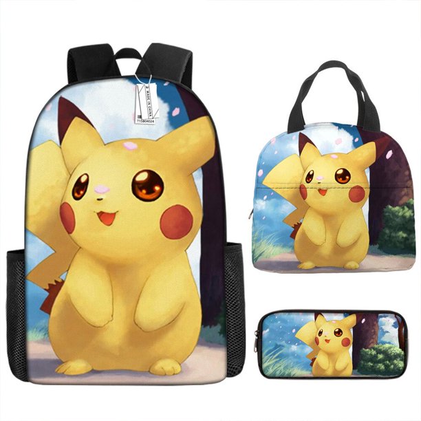 3 unids/set niños Pokemon Pikachu mochila bonita estuche de lápices bolsa de almuerzo arnés de cojín de aire impermeable protección de la columna vertebral mochila escolar hola suerte unisex
