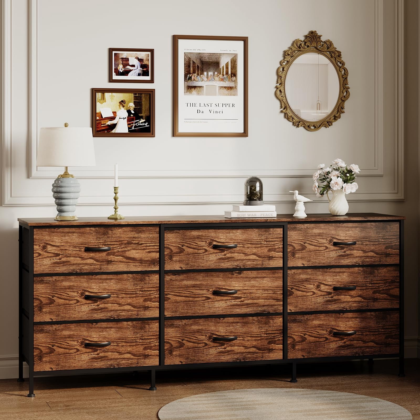 Kicctian 9-Drawer Dresser 63" Long TV Stand with Wooden Top & Fabric Storage Dresser for Bedroom,Living Room,Brown